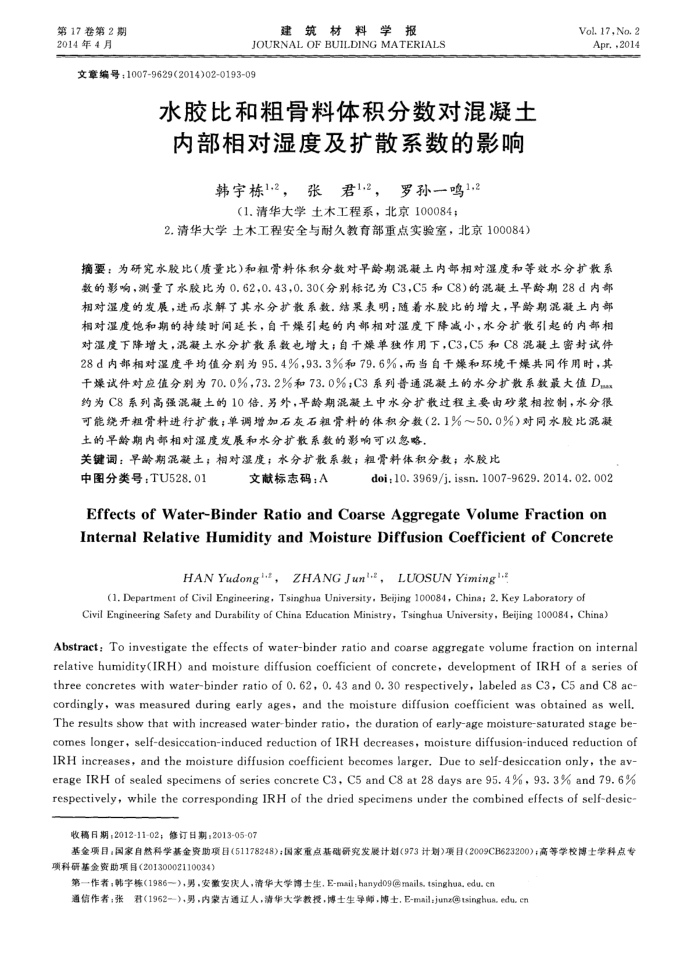 水胶比和粗骨料体积分数对混凝土内部相对湿度及扩散系数的影响