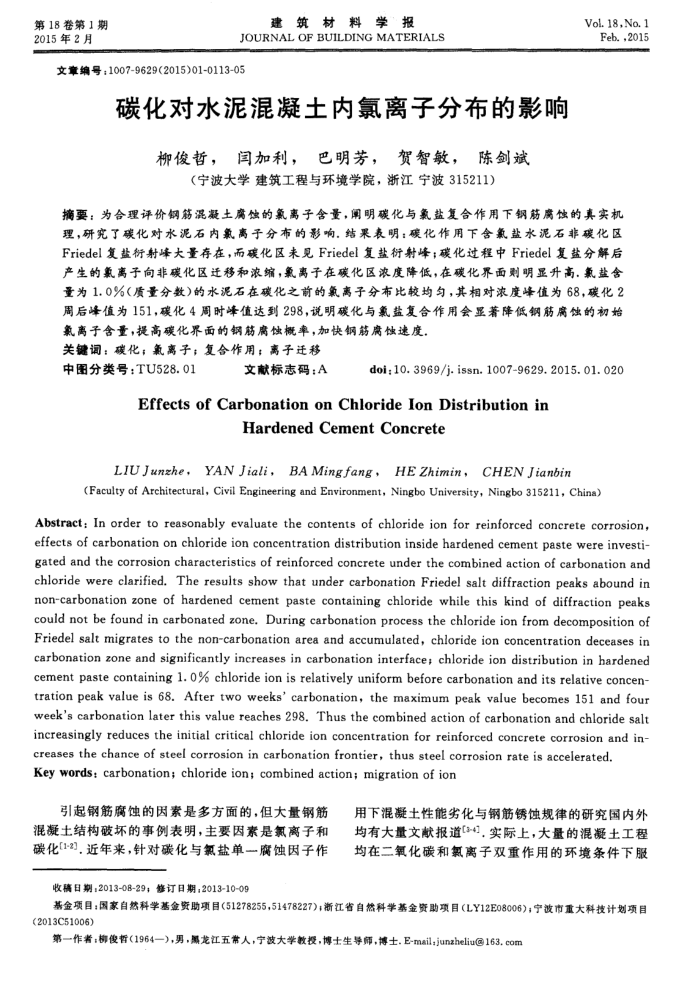 碳化对水泥混凝土内氯离子分布的影响