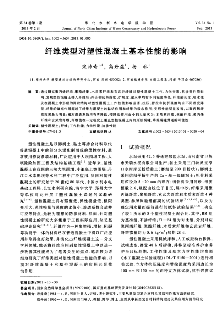 纤维类型对塑性混凝土基本性能的影响