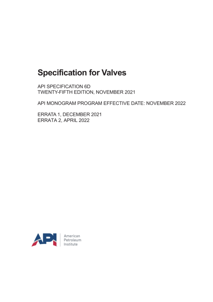 API Spec 6D-2022 Ź淶 Specification for Valves