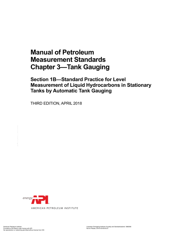 API MPMS 3.1B-2018 Manual of Petroleum Measurement Standards Chapter 3. Tank Gauging Section 1B. Sta