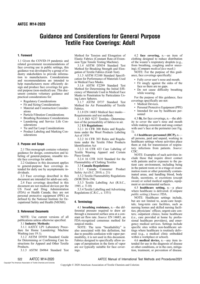 AATCC M14-2020 Guidance and Considerations for General Purpose Textile Face Coverings_ Adult