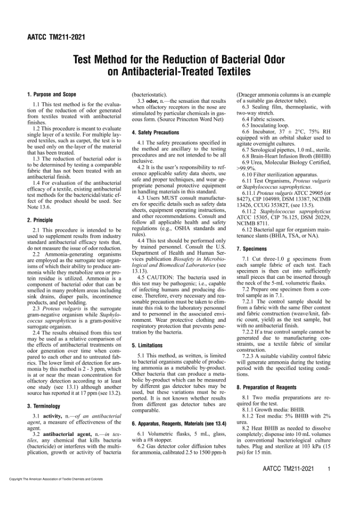 AATCC TM211-2021 Test Method for the Reduction of Bacterial Odor on Antibacterial-Treated Textiles