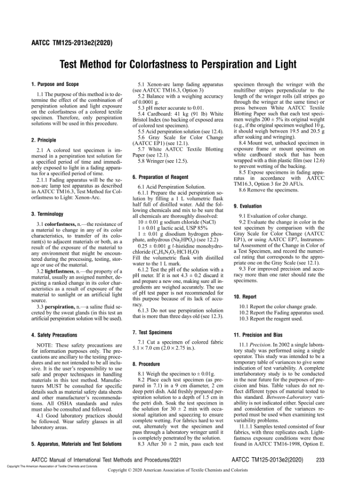 AATCC 125-2020 Test Method for Colorfastness to Perspiration and Light