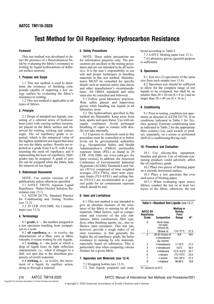 AATCC 118-2020 Test Method for Oil Repellency_ Hydrocarbon Resistance