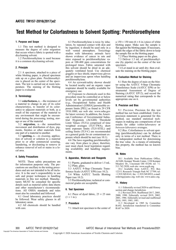 AATCC 157-2017(E2020) Test Method for Colorfastness to Solvent Spotting_ Perchloroethylene