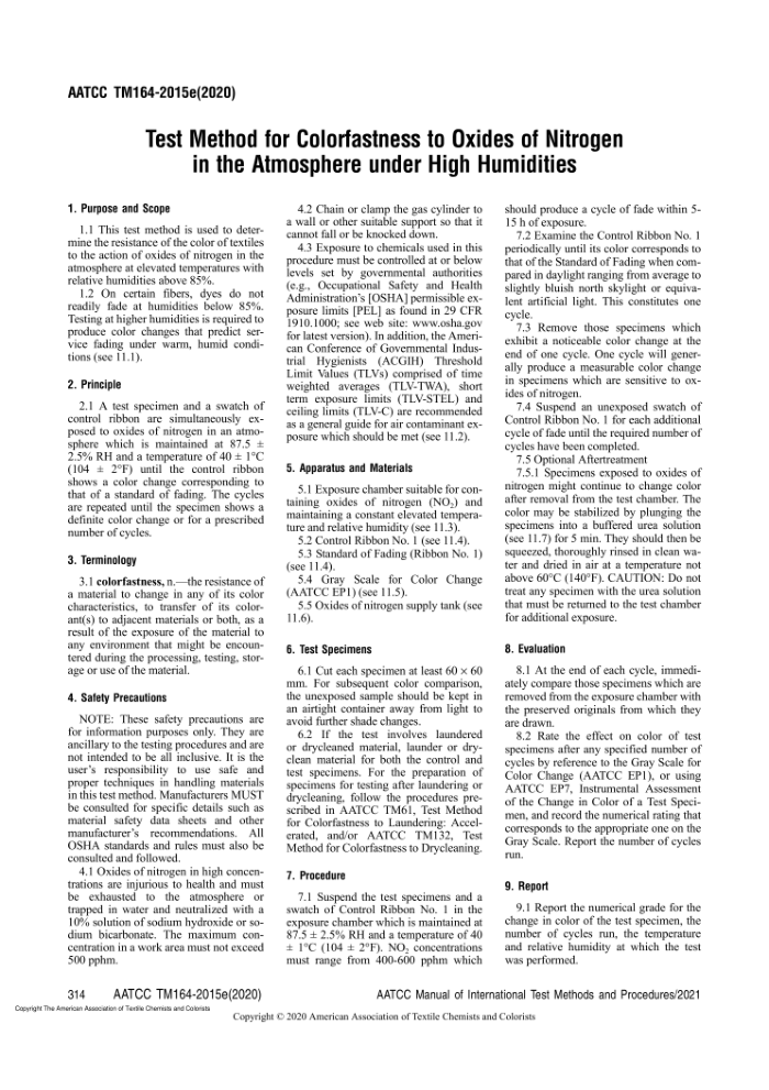 AATCC 164-2020 Test Method for Colorfastness to Oxides of Nitrogen in the Atmosphere under High Humi