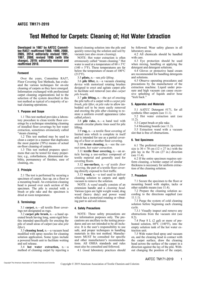 AATCC 171-2019 Test Method for Carpets_ Cleaning of; Hot Water Extraction