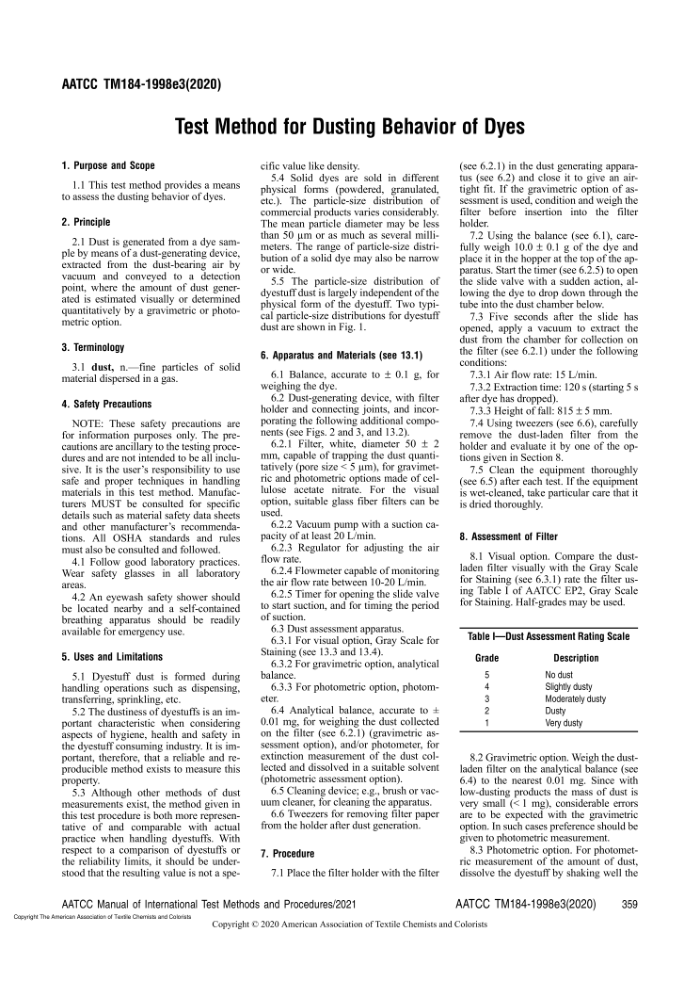 AATCC 184-2020 Test Method for Dusting Behavior of Dyes