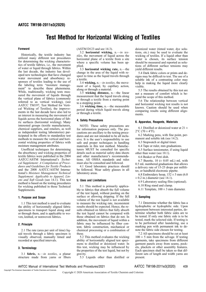 AATCC 198-2020 Test Method for Horizontal Wicking of Textiles