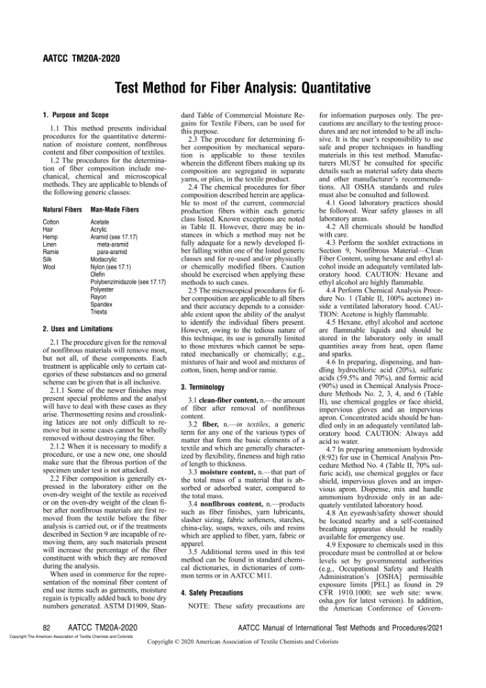 AATCC 20A-2020 Test Method for Fiber Analysis_ Quantitative