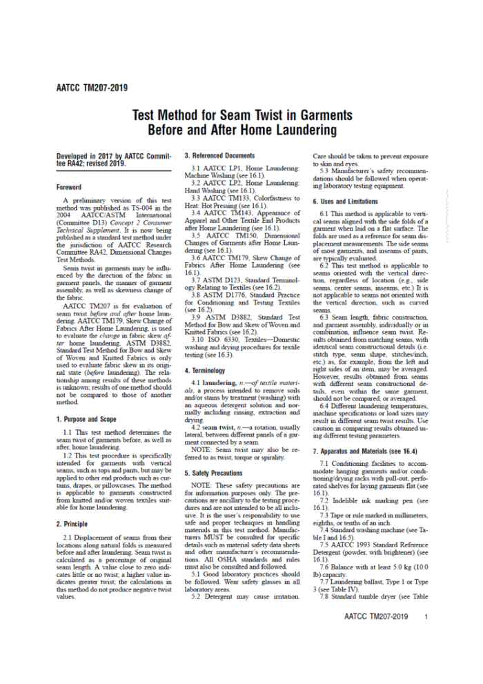 AATCC 207-2019 Test Method for Seam Twist in Garments Before and After Home Laundering