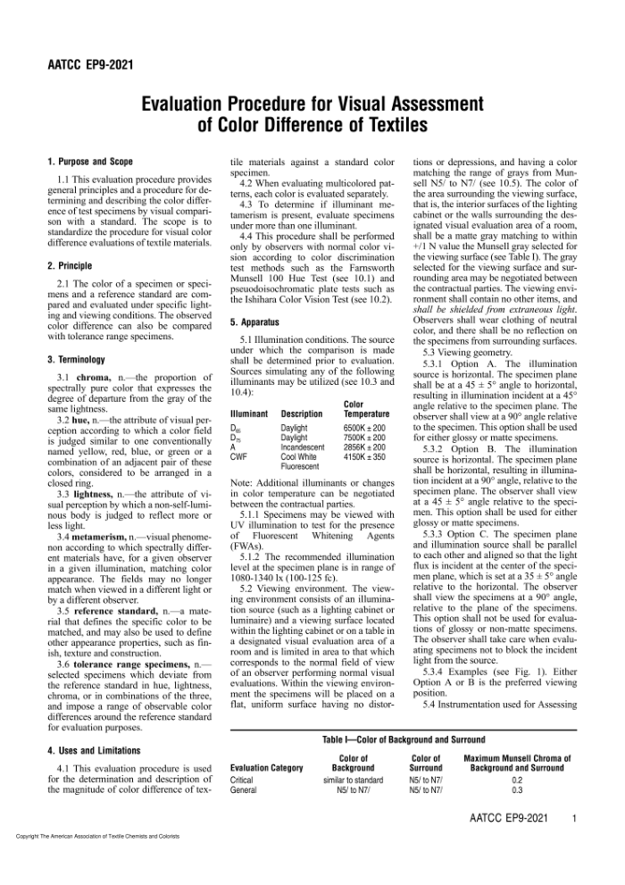 AATCC EP9-2021 Evaluation Procedure for Visual Assessment of Color Difference of Textiles