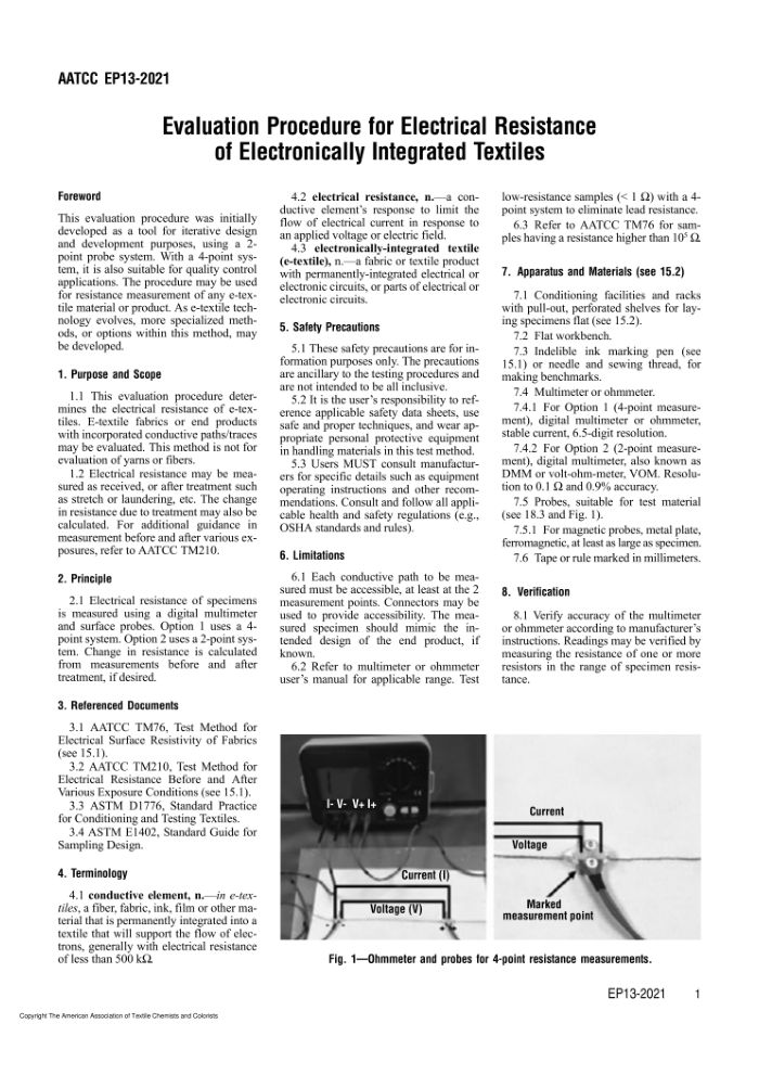 AATCC EP13-2021 Evaluation Procedure for Electrical Resistance of Electronically Integrated Textiles