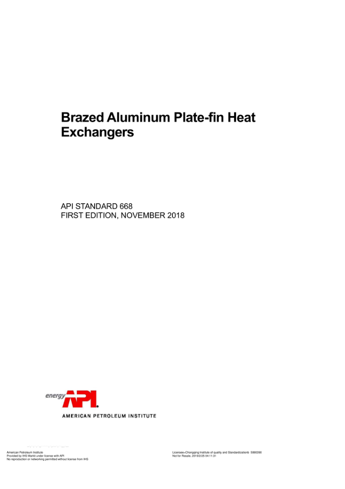 API STD 668-2018 Brazed Aluminum Plate-fin Heat Exchangers (FIRST EDITION)