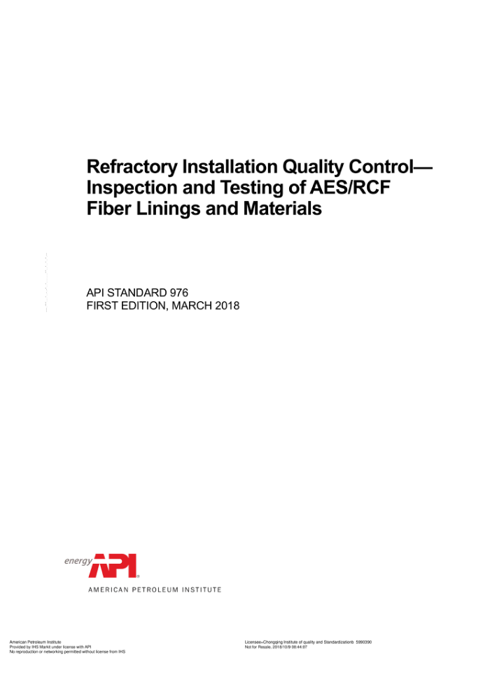 API STD 976-2018 Refractory Installation Quality Control - Inspection And Testing Of Aes_Rcf Fiber L
