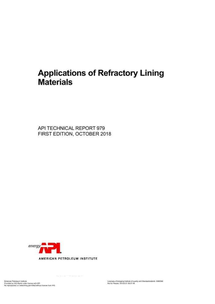 API TR 979-2018 Applications of Refractory Lining Materials (FIRST EDITION)