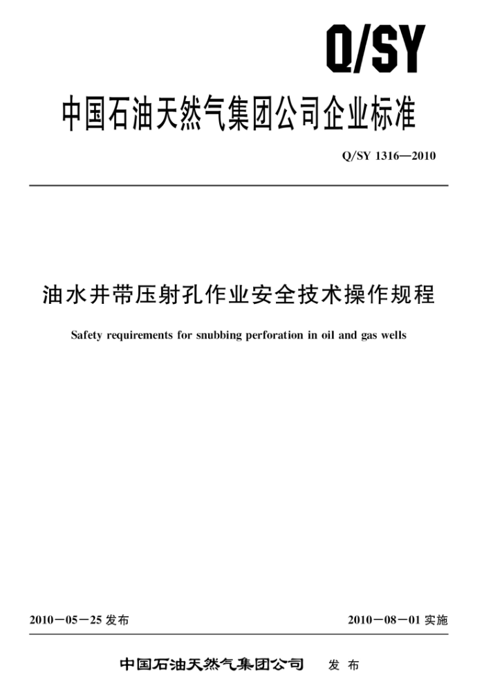 Q/SY 1316-2010 油水井带压射孔作业安全技术操作规程