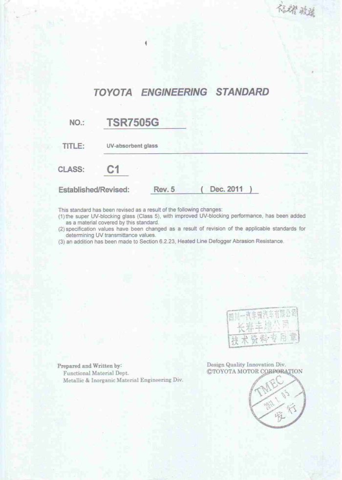 TSR7505G-2011 UV-absorbent glass ׼