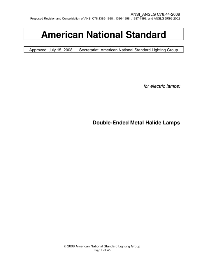 ANSI ANSLG C78.44-2008 For Electric Lamps-Double-Ended Metal Halide Lamps