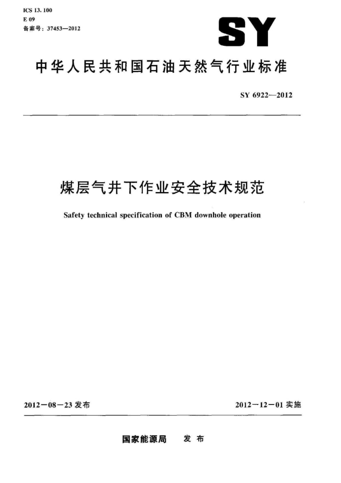 SY 6922-2012 煤层气井下作业安全技术规范