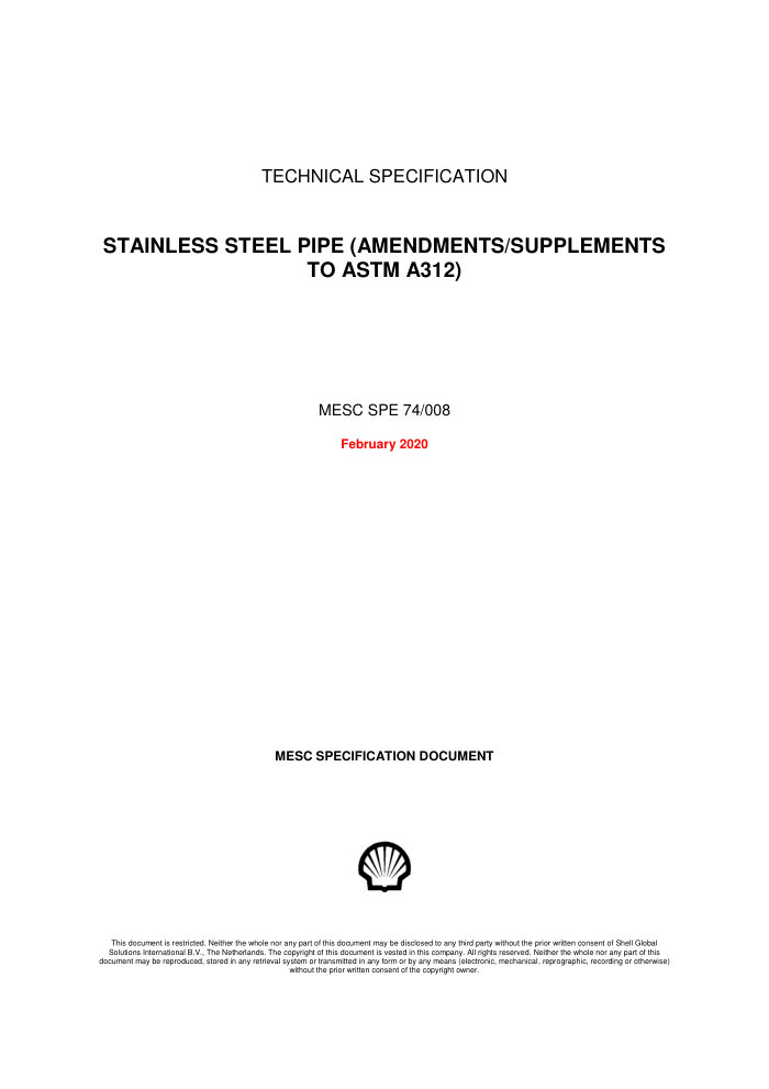 SPE 74-008-2020 STAINLESS STEEL PIPE (AMENDMENTS SUPPLEMENTS TO ASTM A312)
