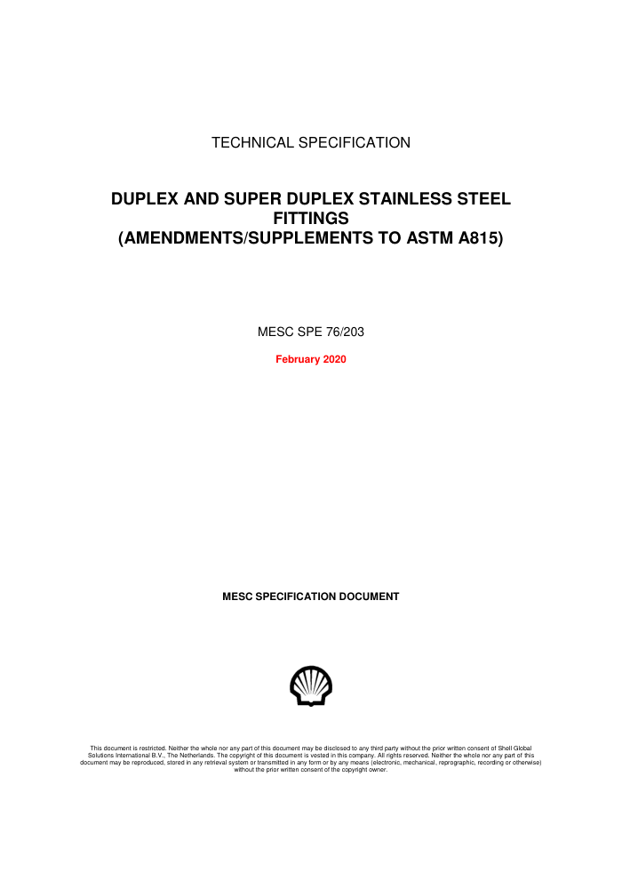 SPE 76-203-2020 DUPLEX AND SUPER DUPLEX STAINLESS STEEL FITTINGS(AMENDMENTS SUPPLEMENTS TO ASTM A815