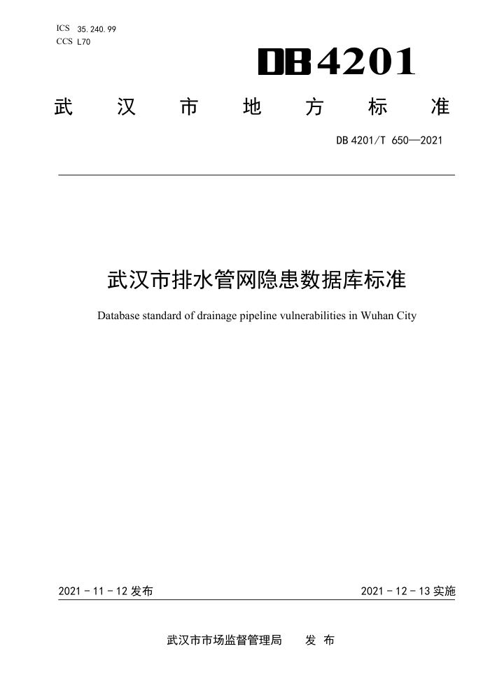 DB4201/T 650-2021 武汉市排水管网隐患数据库标准