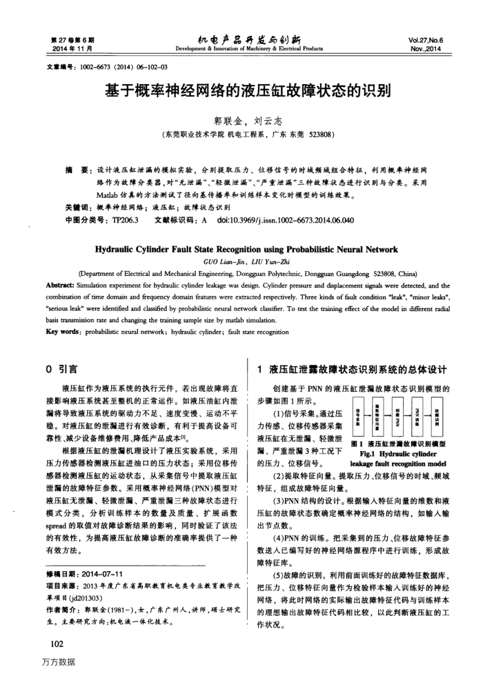 基于概率神经网络的液压缸故障状态的识别