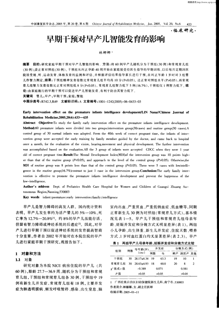 早期干预对早产儿智能发育的影响
