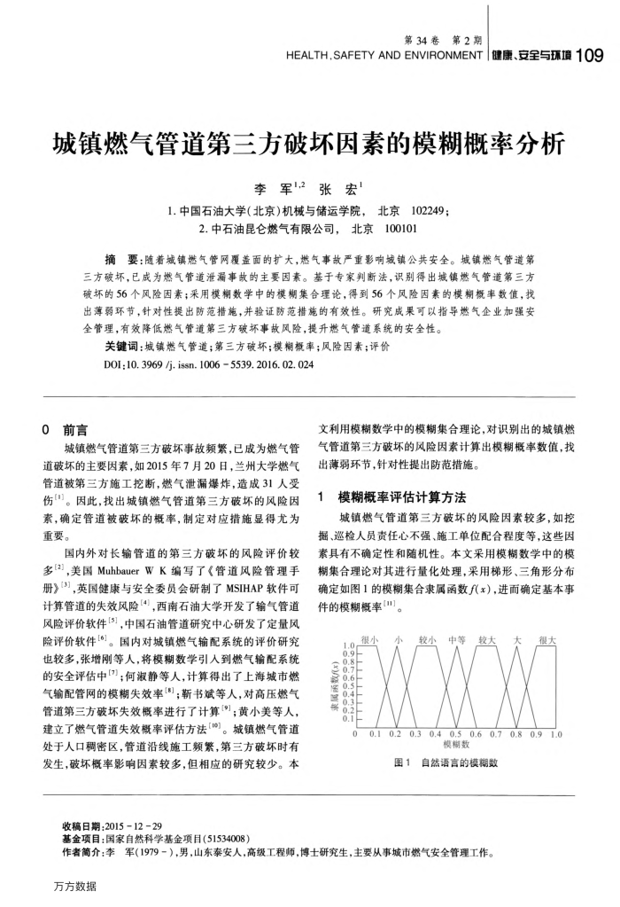城镇燃气管道第三方破坏因素的模糊概率分析