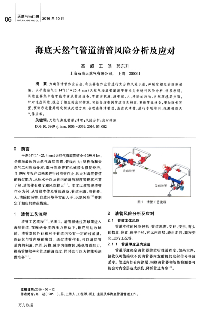 海底天然气管道清管风险分析及应对