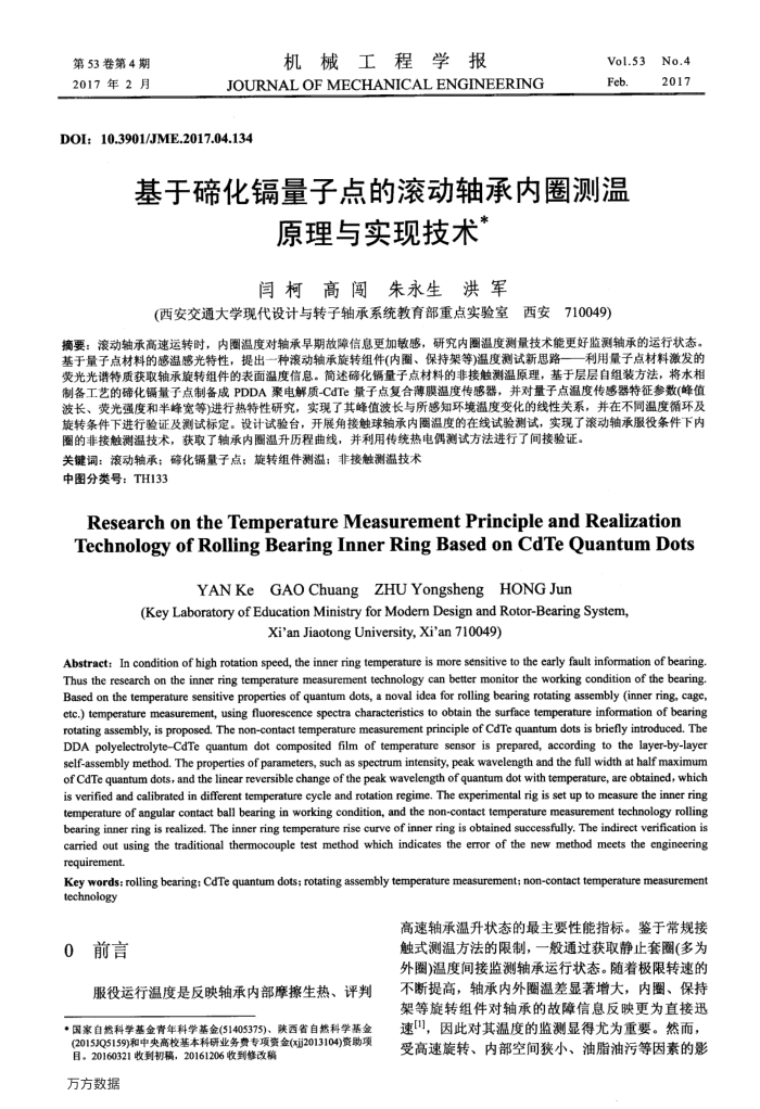 基于碲化镉量子点的滚动轴承内圈测温原理与实现技术