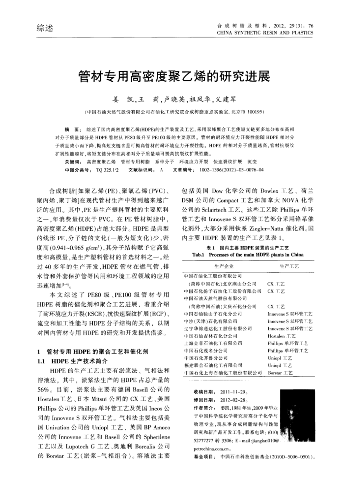 管材专用高密度聚乙烯的研究进展