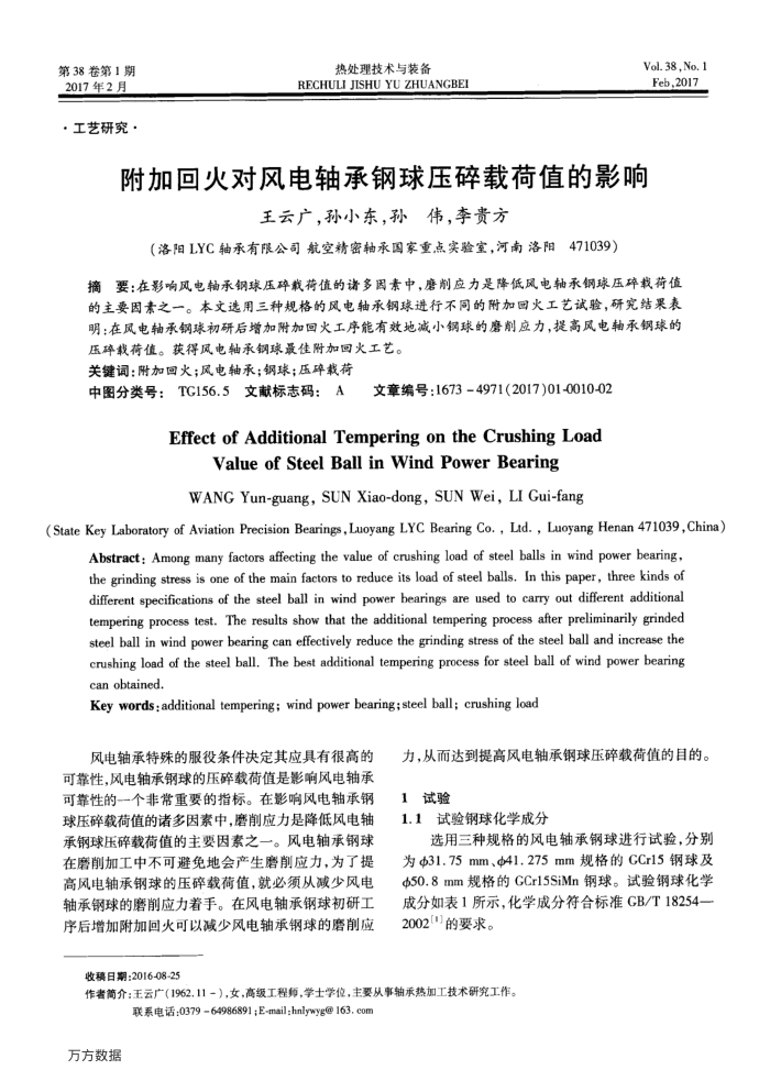 附加回火对风电轴承钢球压碎载荷值的影响