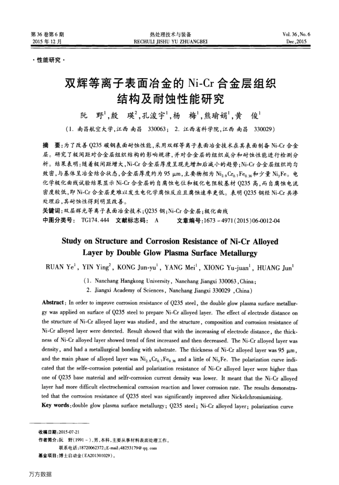 双辉等离子表面冶金的Ni-Cr合金层组织结构及耐蚀性能研究