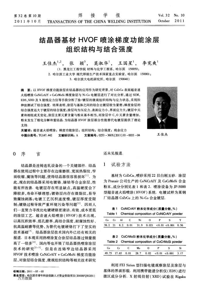 结晶器基材HVOF喷涂梯度功能涂层组织结构与结合强度