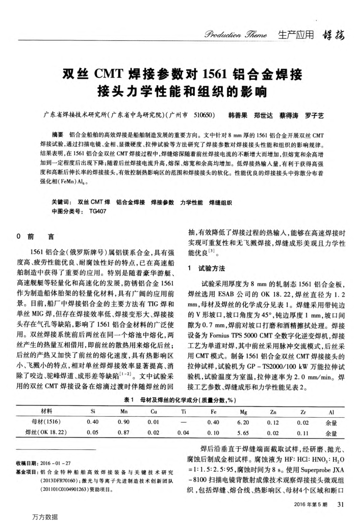 双丝CMT焊接参数对1561铝合金焊接接头力学性能和组织的影响