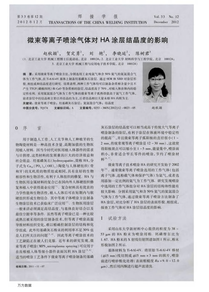 微束等离子喷涂气体对HA涂层结晶度的影响