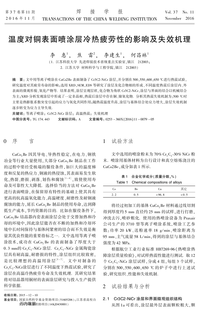 温度对铜表面喷涂层冷热疲劳性的影响及失效机理
