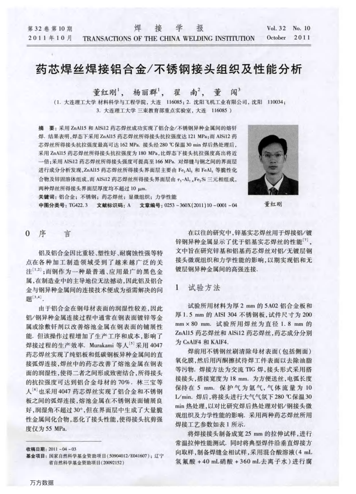 药芯焊丝焊接铝合金∕不锈钢接头组织及性能分析