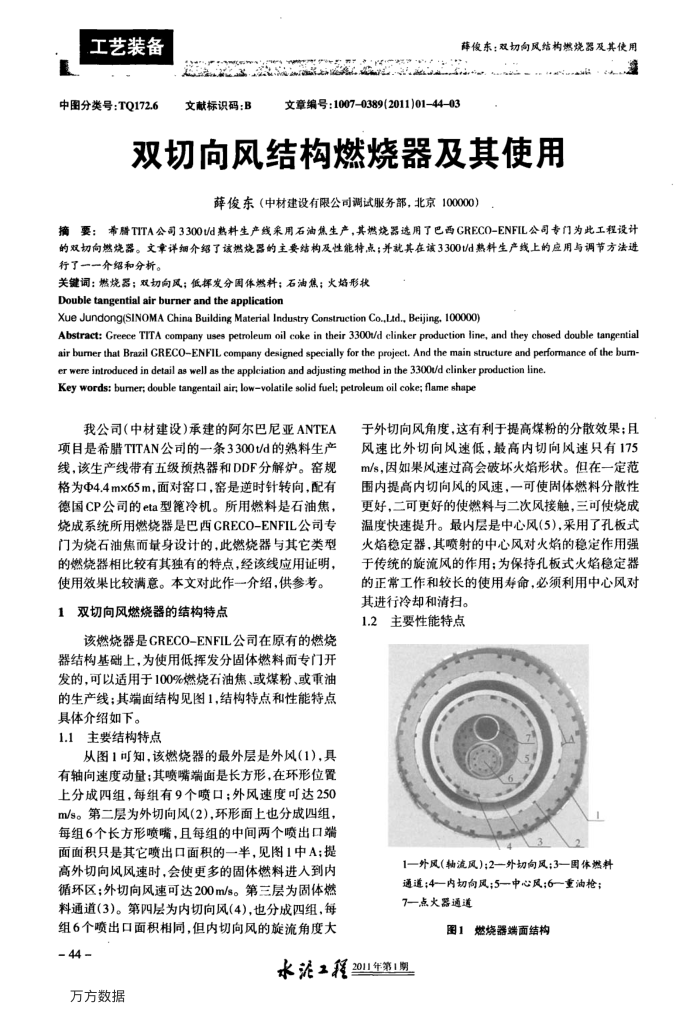 双切向风结构燃烧器及其使用