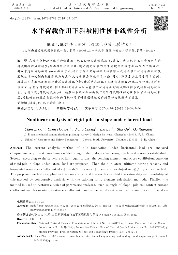 水平荷载作用下斜坡刚性桩非线性分析