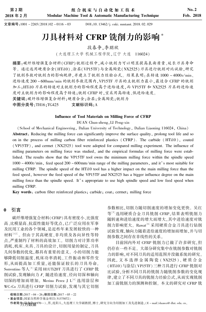 刀具材料对CFRP铣削力的影响