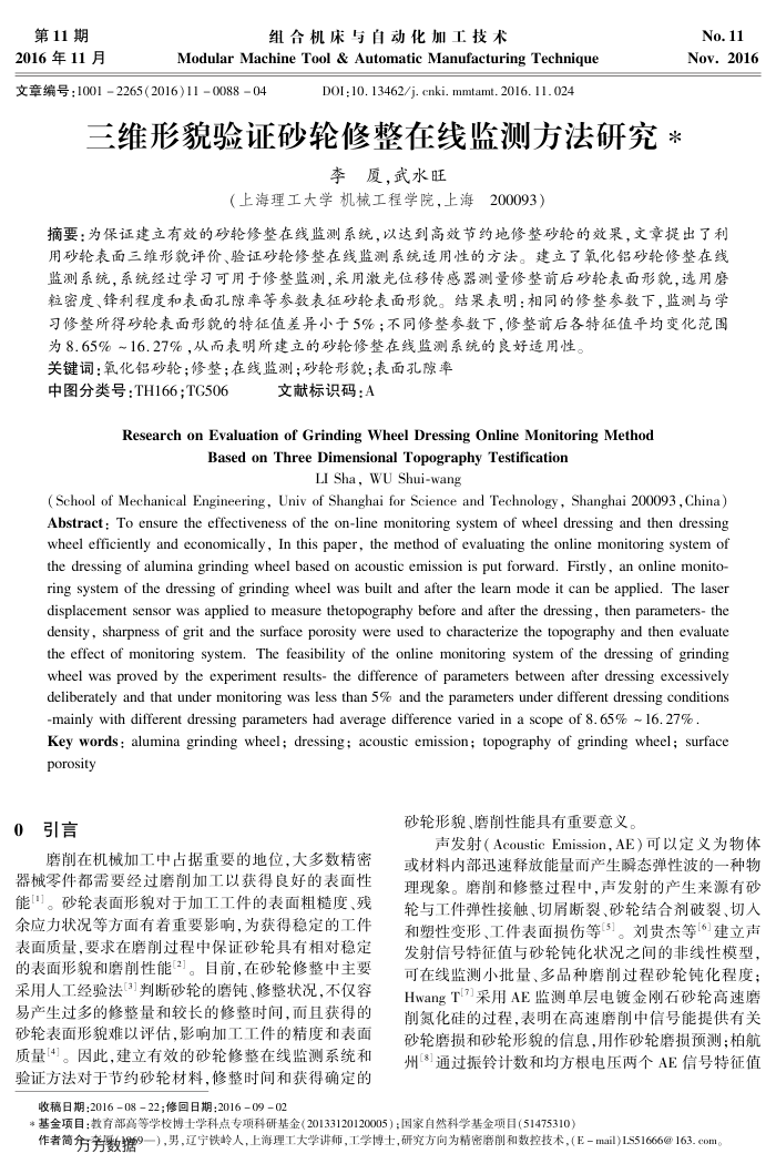 三维形貌验证砂轮修整在线监测方法研究