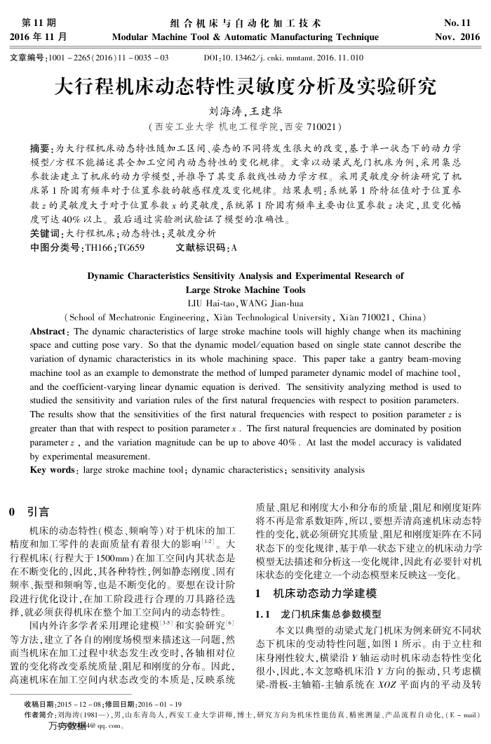 大行程机床动态特性灵敏度分析及实验研究