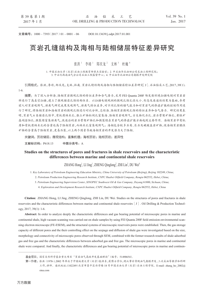 页岩孔缝结构及海相与陆相储层特征差异研究