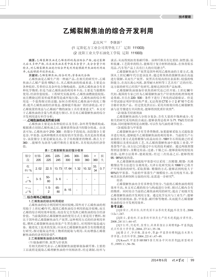 乙烯裂解焦油的综合开发利用