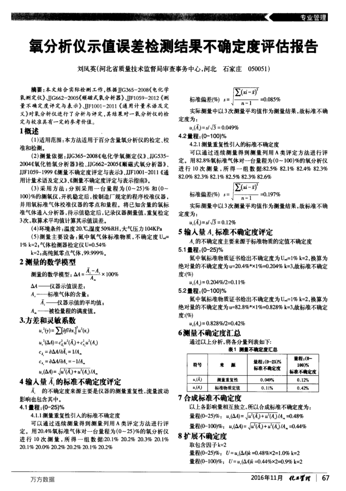 氧分析仪示值误差检测结果不确定度评估报告