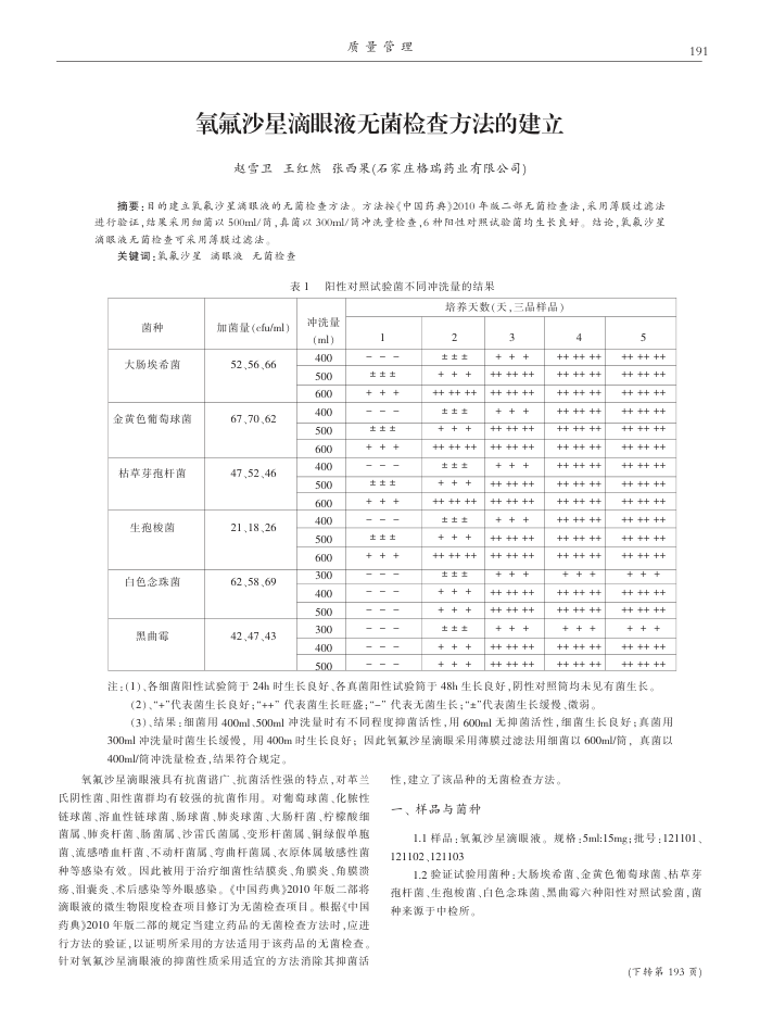 氧氟沙星滴眼液无菌检查方法的建立